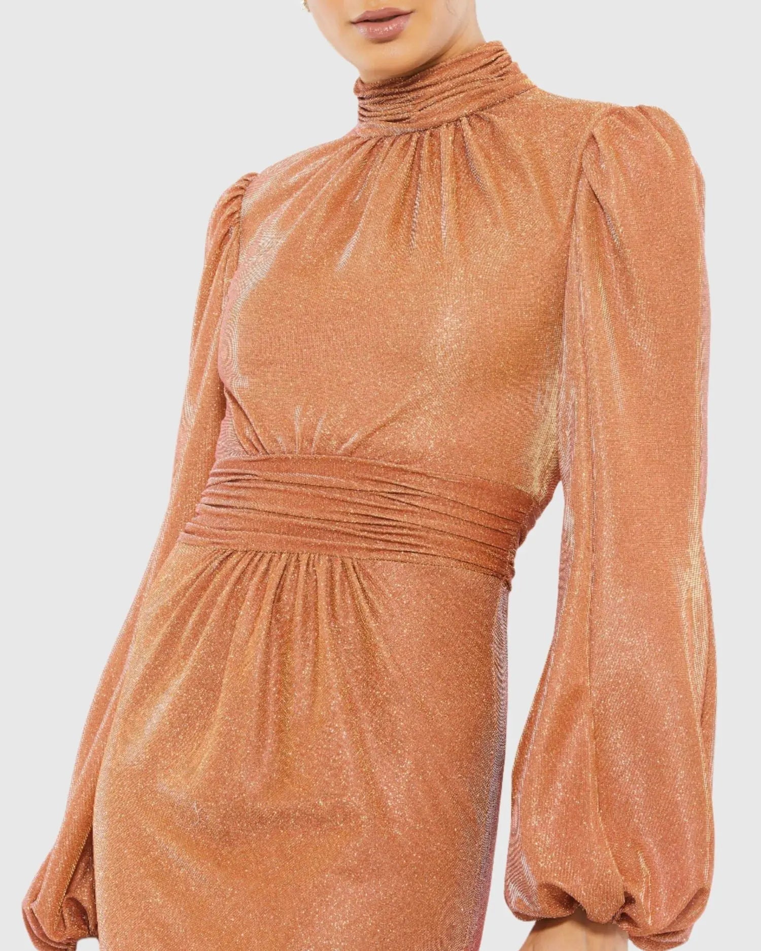 Orange Glitter High Neck Puff Sleeve Trumpet Gown