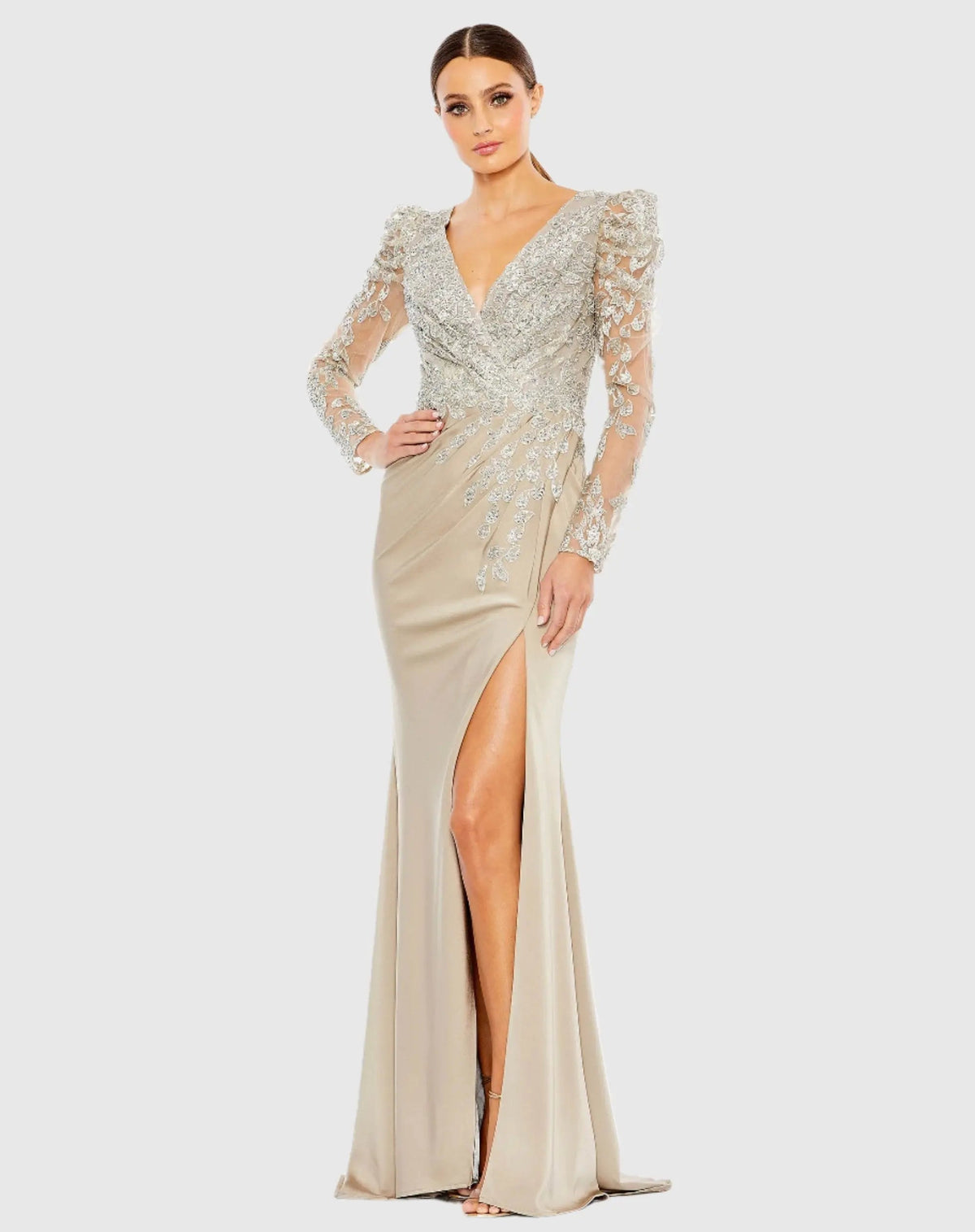 Beige Embellished Faux Wrap Illusion Puff Sleeve Gown
