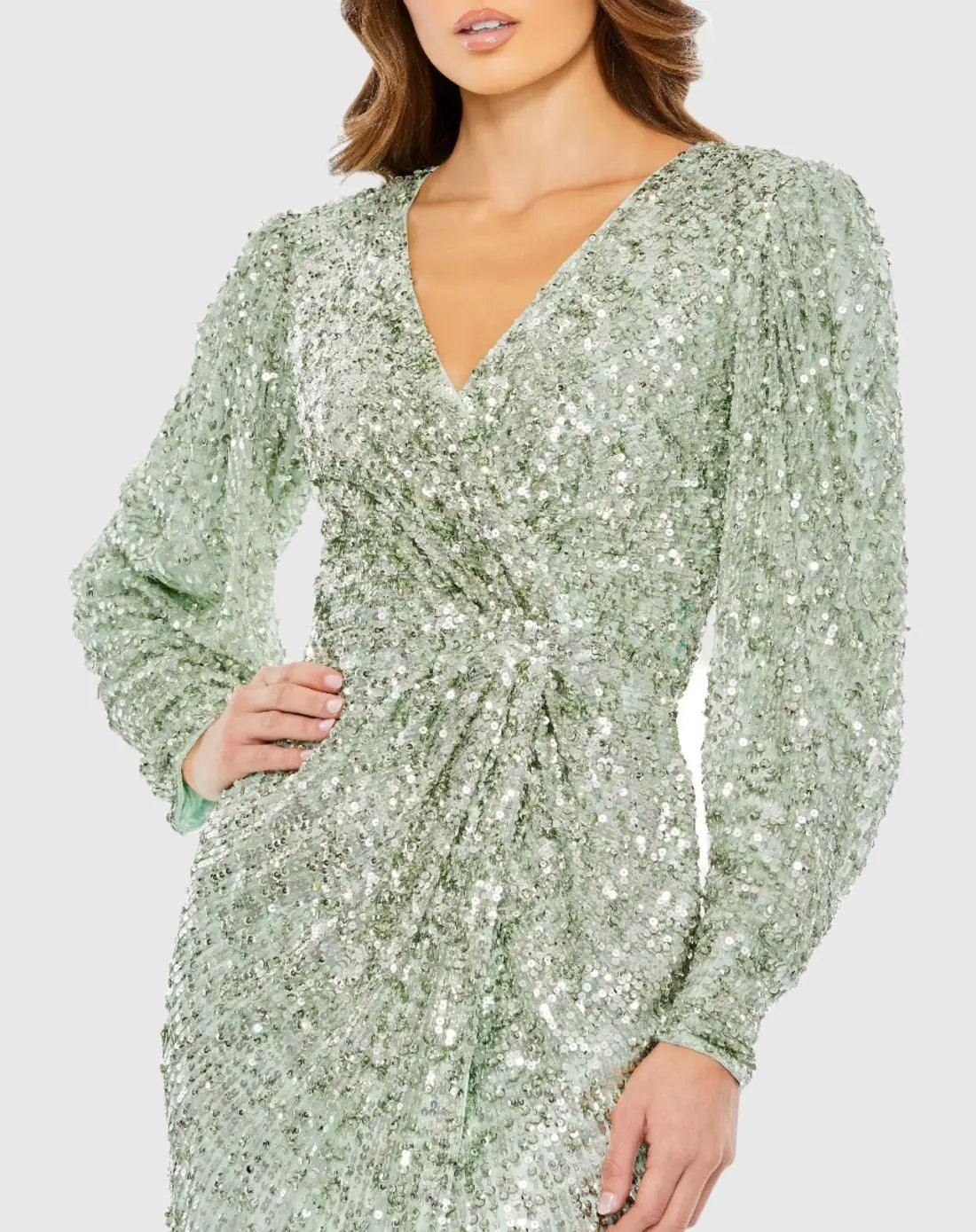 Green Embellished Faux Wrap Puff Sleeve Gown