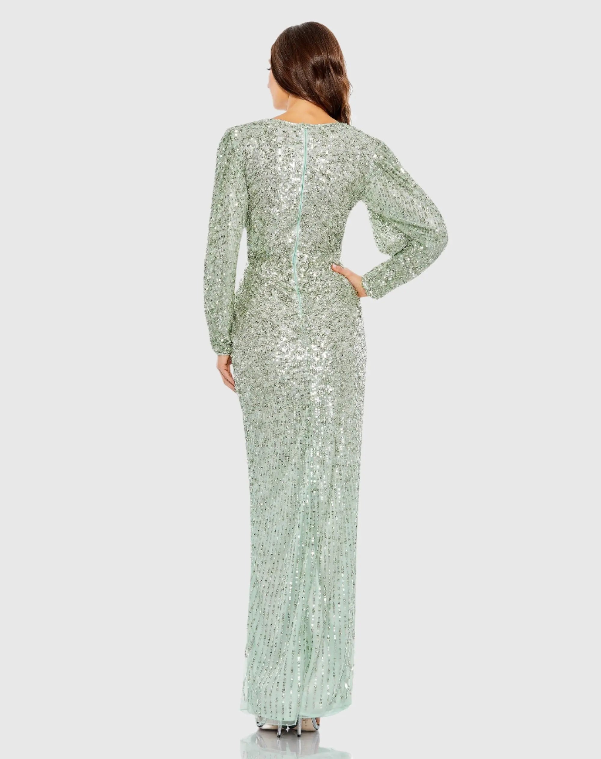 Green Embellished Faux Wrap Puff Sleeve Gown