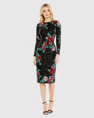 Black Embellished High Neck Cascading Floral Dress