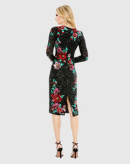 Black Embellished High Neck Cascading Floral Dress