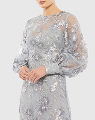 Gray Embellished Illusion High Neck Bishop Sleeve Gown