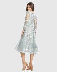 Gray Embellished Illusion Long Sleeve A Line Dress