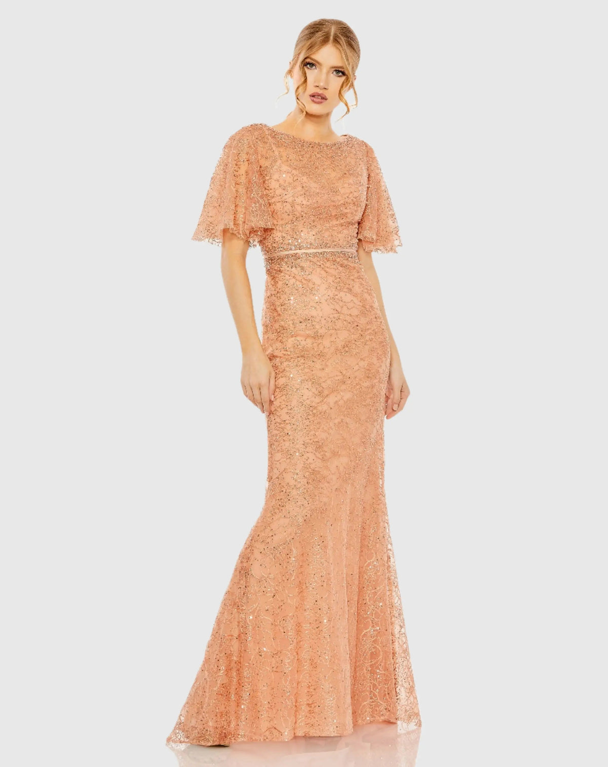Orange Embellished Neck Butterfly Sleeve Trumpet Gown