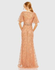 Orange Embellished Neck Butterfly Sleeve Trumpet Gown