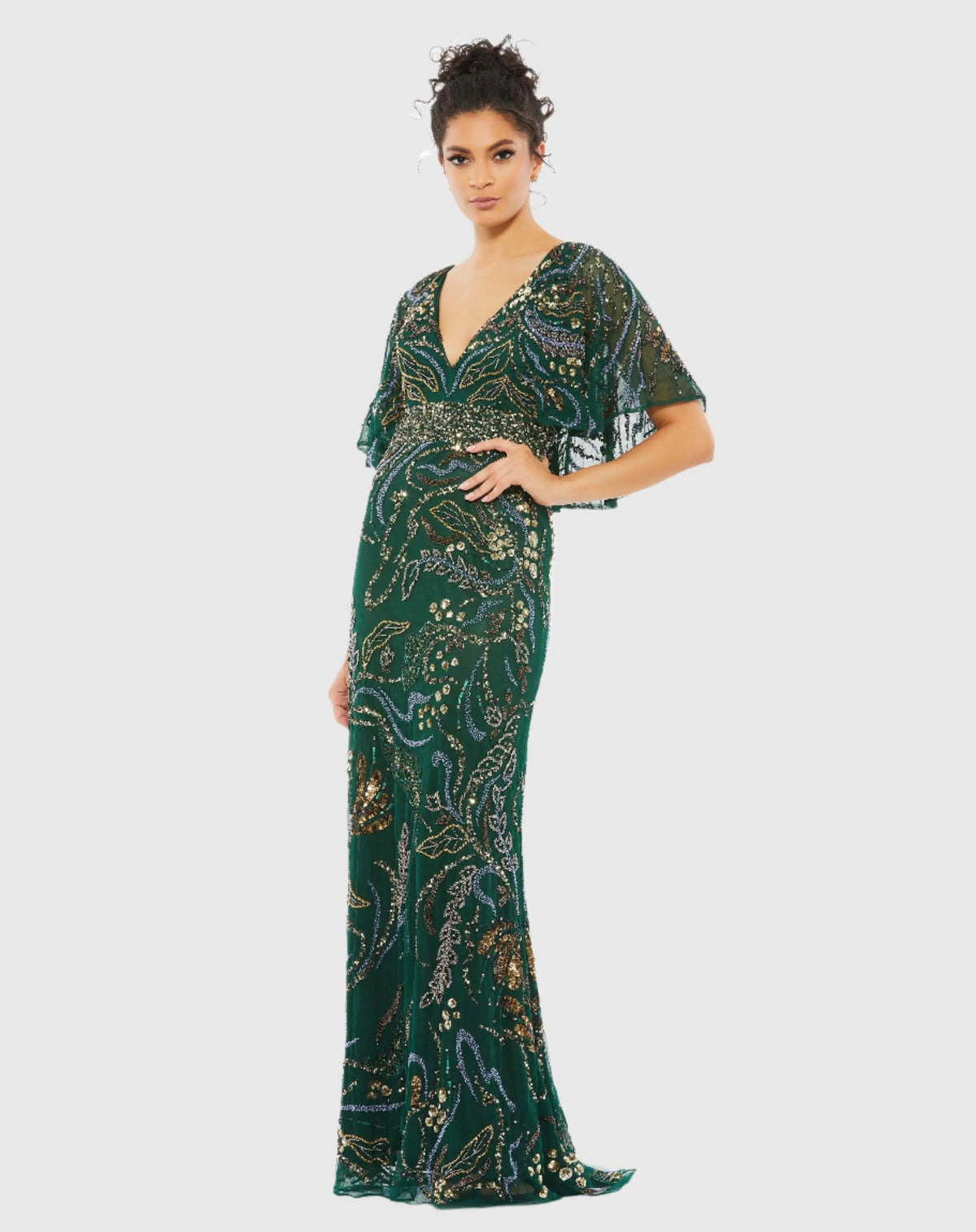 Green Embellished V Neck Cape Sleeve Column Gown
