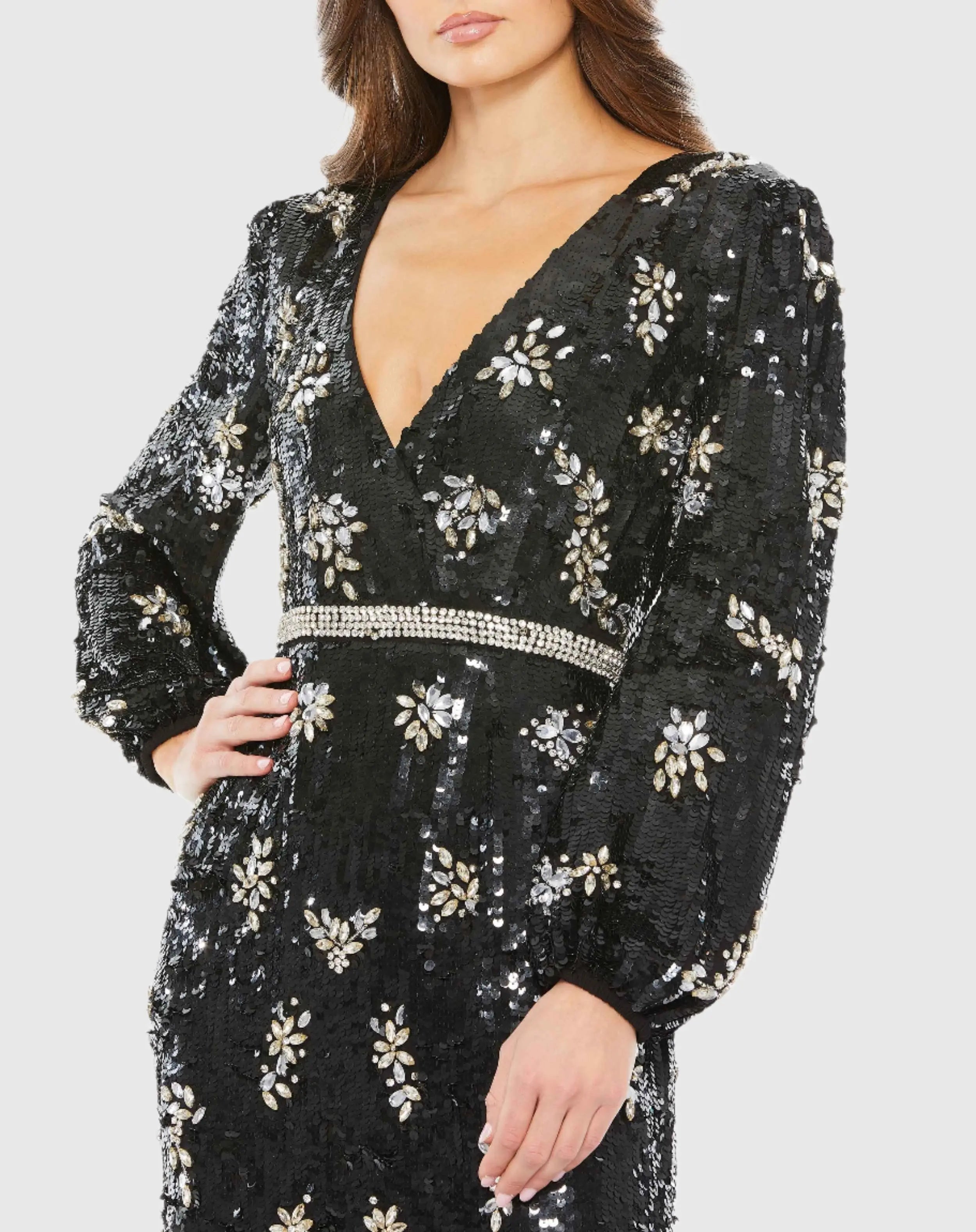 Black Embellished Wrap Over Bishop Sleeve Gown