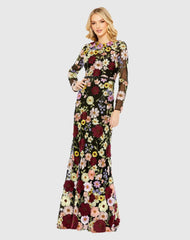 Black Embroidered Applique High Neck Long Sleeve Trumpet Gown - FINAL SALE