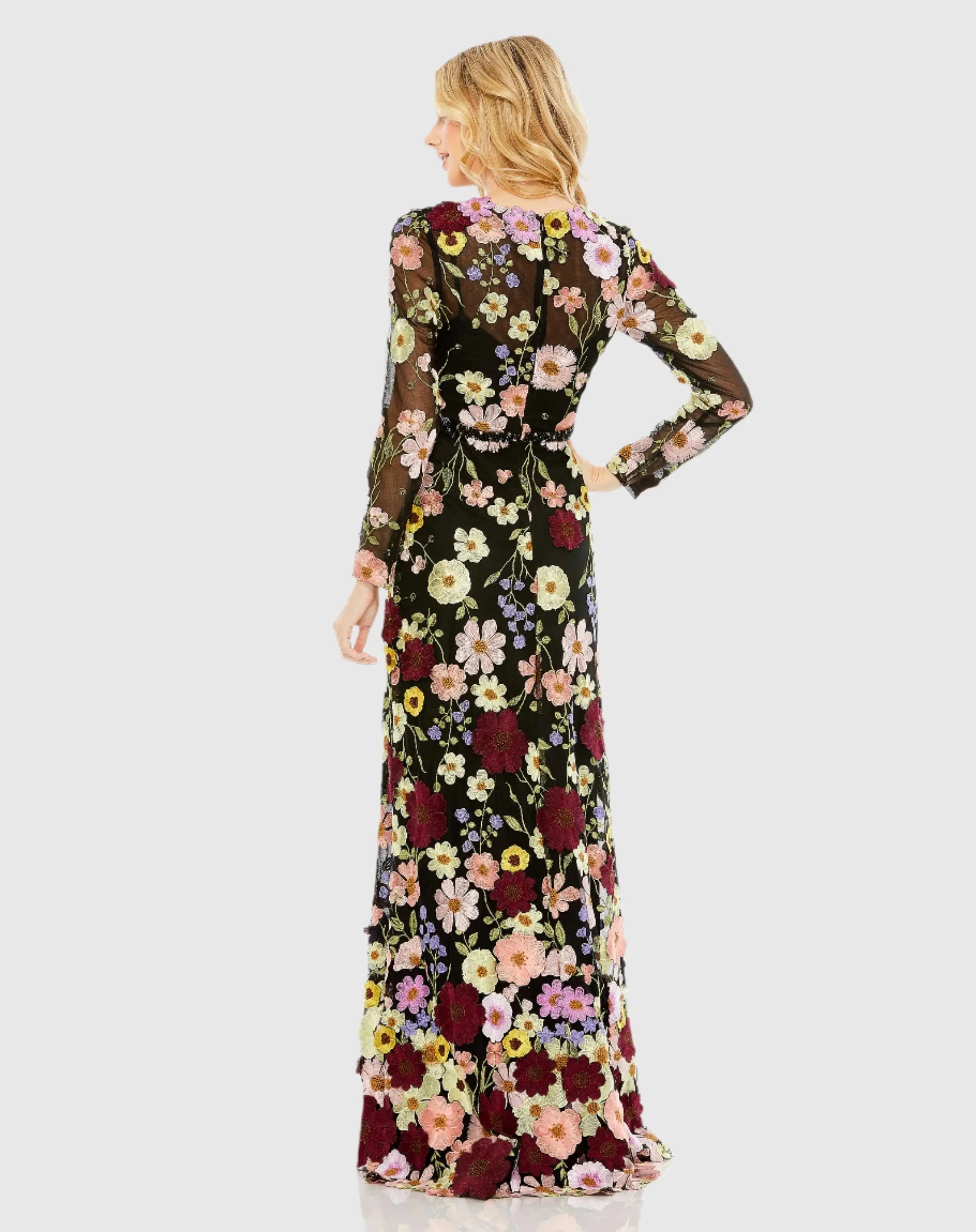 Black Embroidered Applique High Neck Long Sleeve Trumpet Gown - FINAL SALE