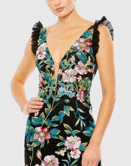 Black Embroidered Floral Plunge Neck Trumpet Gown