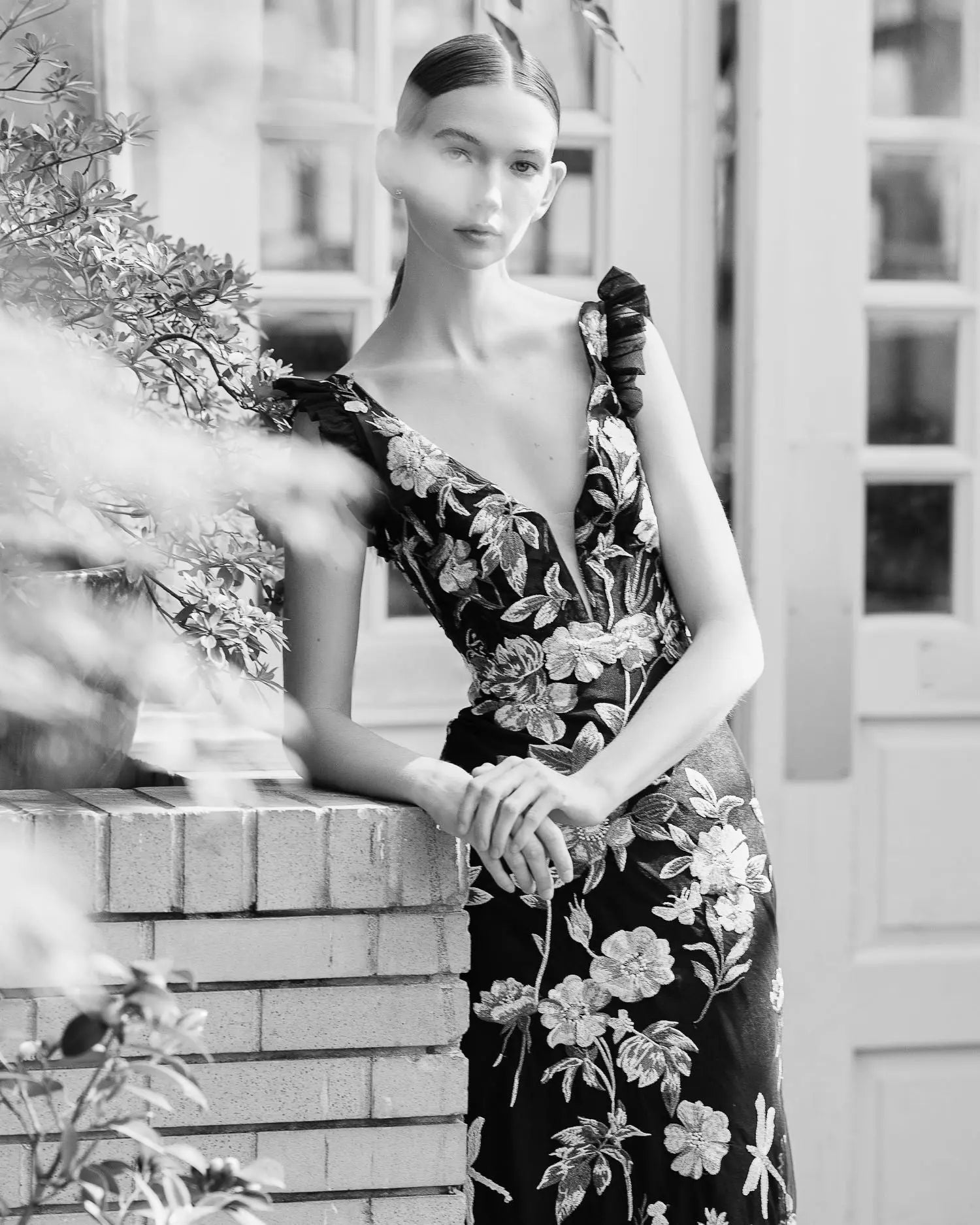 Black Embroidered Floral Plunge Neck Trumpet Gown