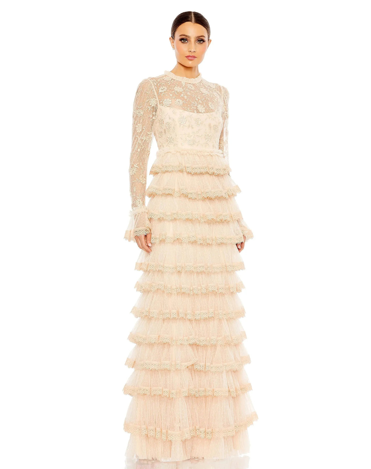 Beige Embroidered Long Sleeve Ruffled Tiered Gown