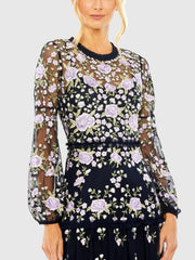 Navy Embroidered Puff Sleeve Tiered Dress