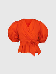 Orange Faille Wrap Over Balloon Sleeve Blouse