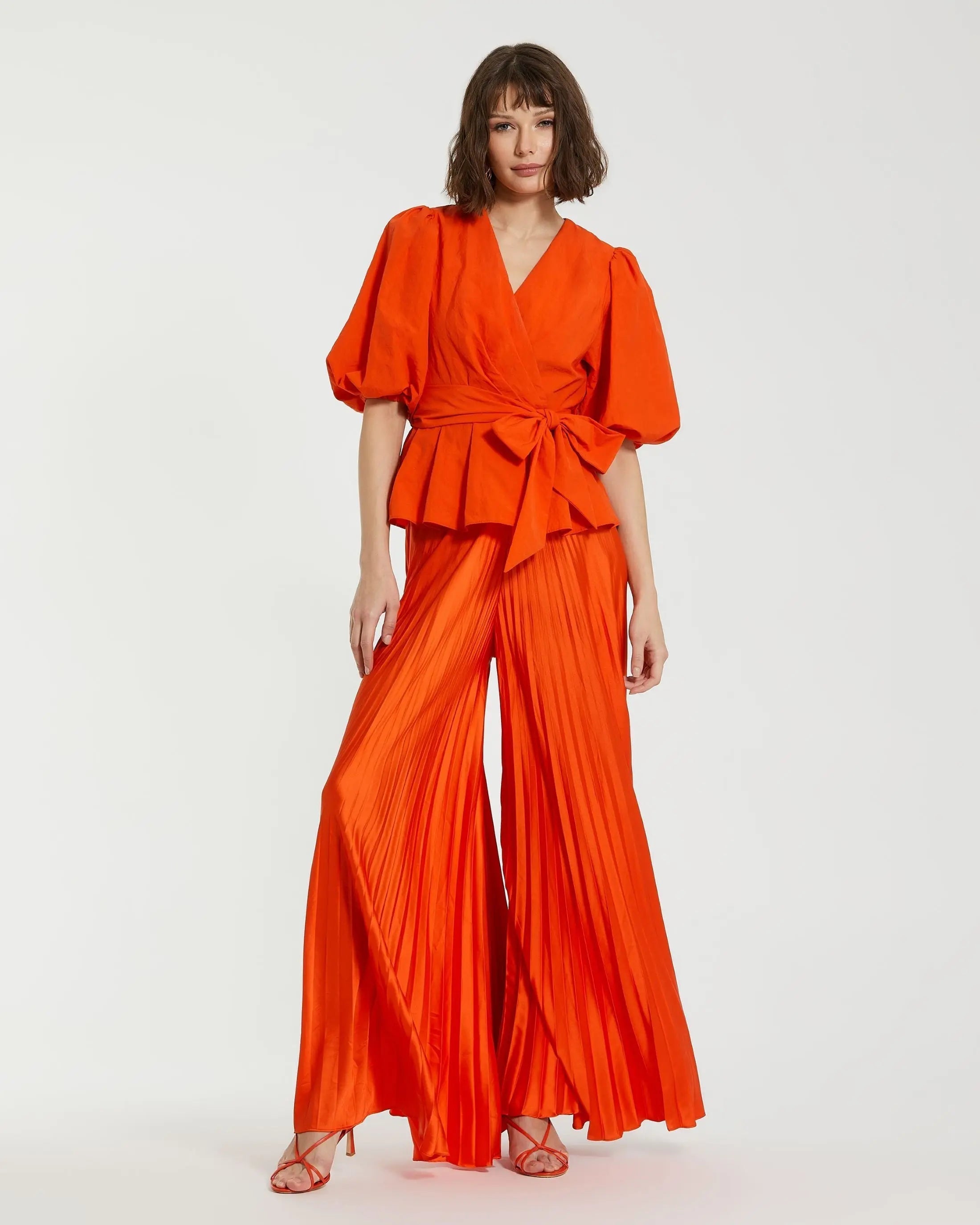 Orange Faille Wrap Over Balloon Sleeve Blouse