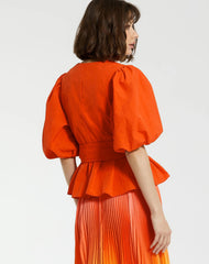Orange Faille Wrap Over Balloon Sleeve Blouse