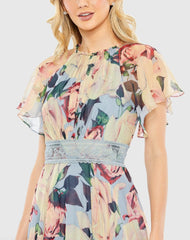 Multicolor Floral Chiffon High Neck Flutter Sleeve Dress
