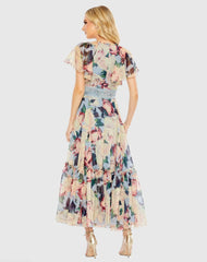 Multicolor Floral Chiffon High Neck Flutter Sleeve Dress