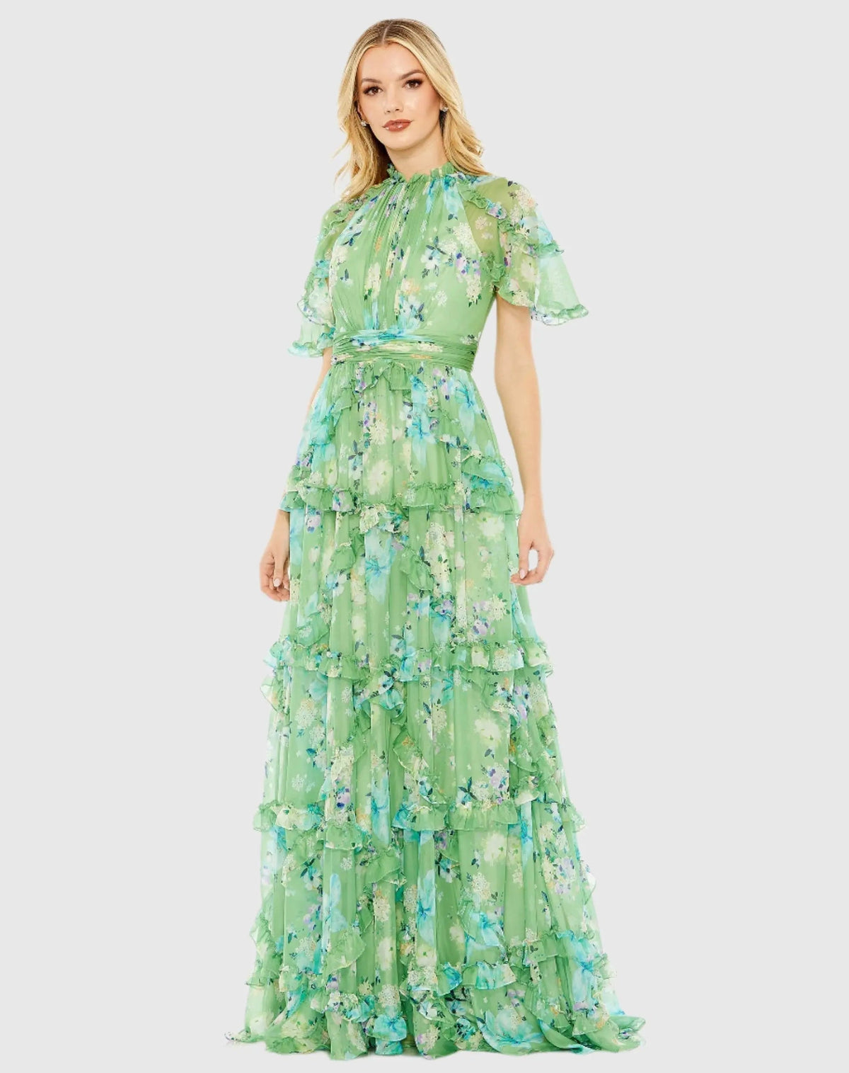 Green Floral Print Chiffon Cascading Ruffle Raglan Gown