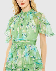 Green Floral Print Chiffon Cascading Ruffle Raglan Gown