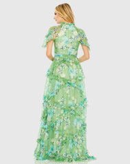 Green Floral Print Chiffon Cascading Ruffle Raglan Gown