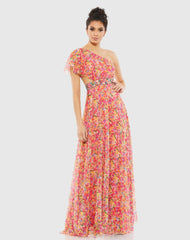 Floral Print One Shoulder Butterfly Sleeve A Line Gown - FINAL SALE