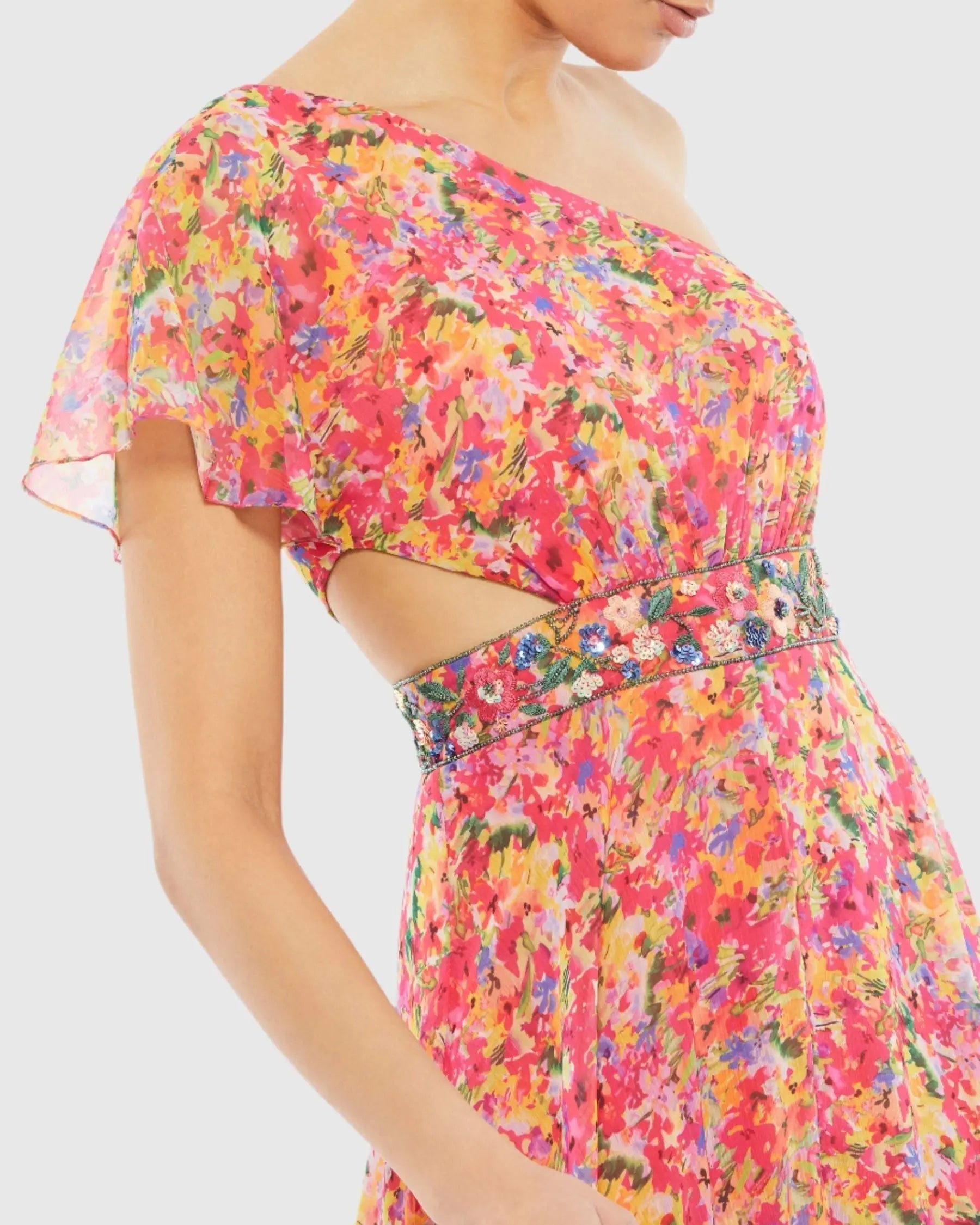 Floral Print One Shoulder Butterfly Sleeve A Line Gown - FINAL SALE