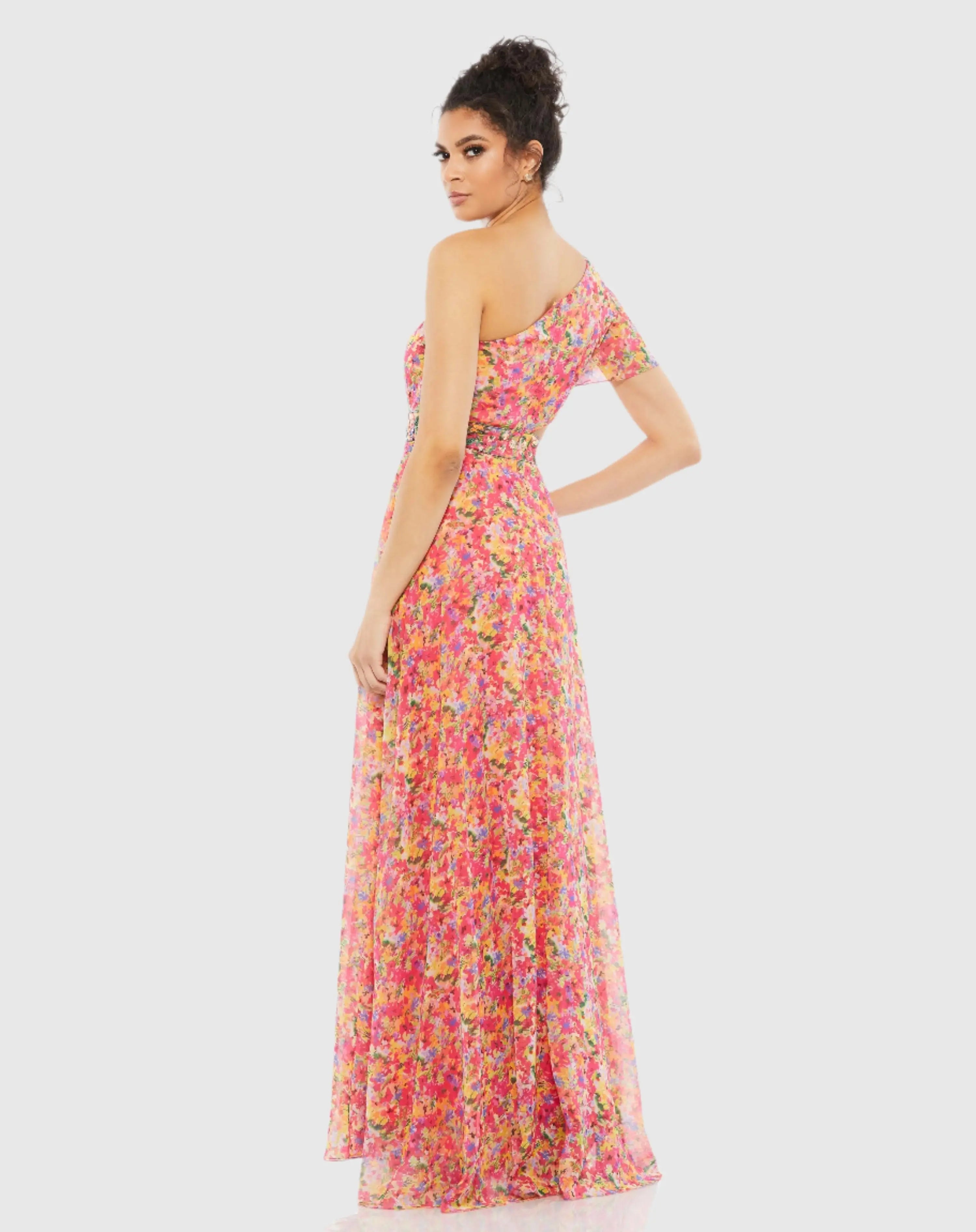 Floral Print One Shoulder Butterfly Sleeve A Line Gown - FINAL SALE