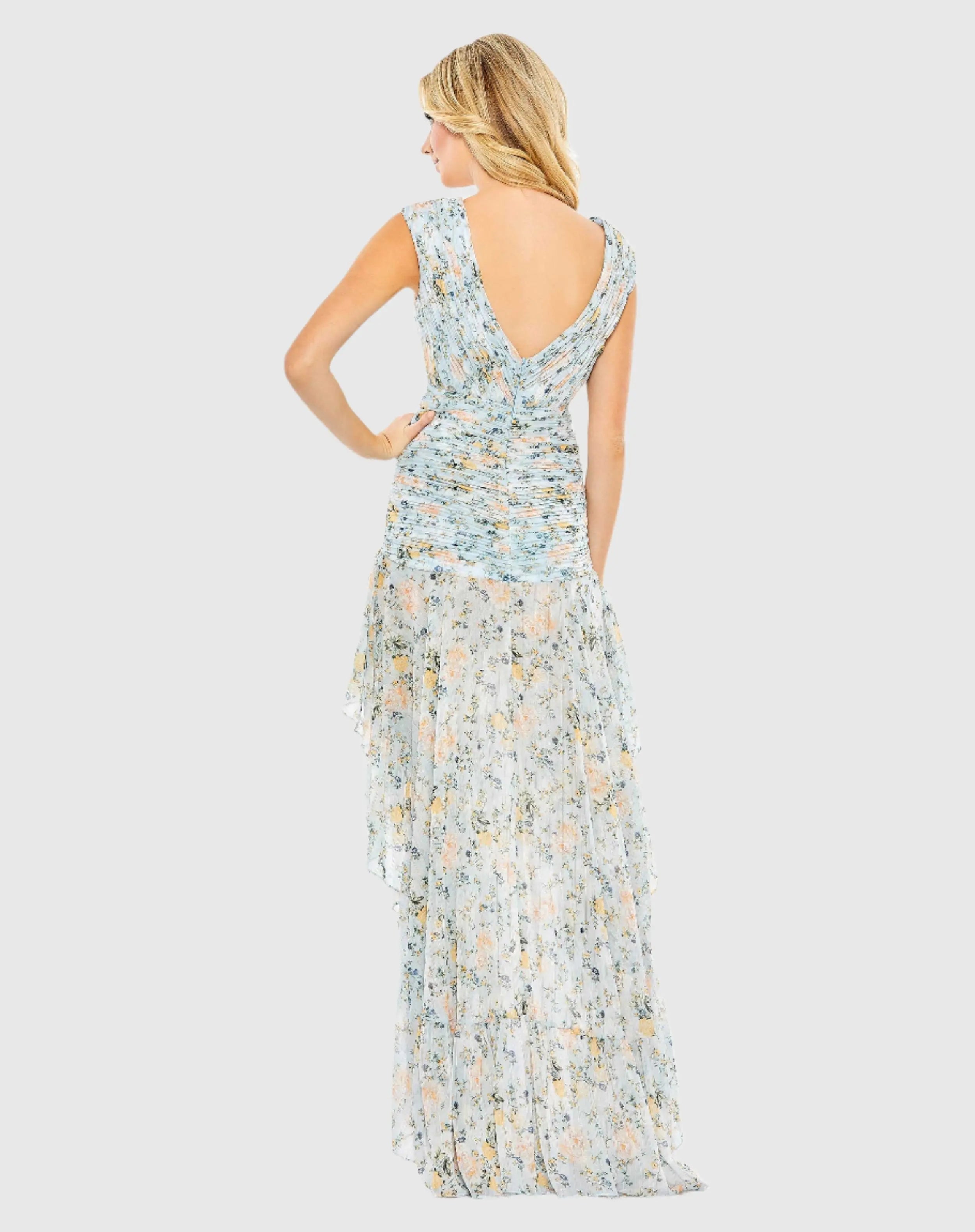 Blue Floral Print Ruched Cap Sleeve High Low Gown