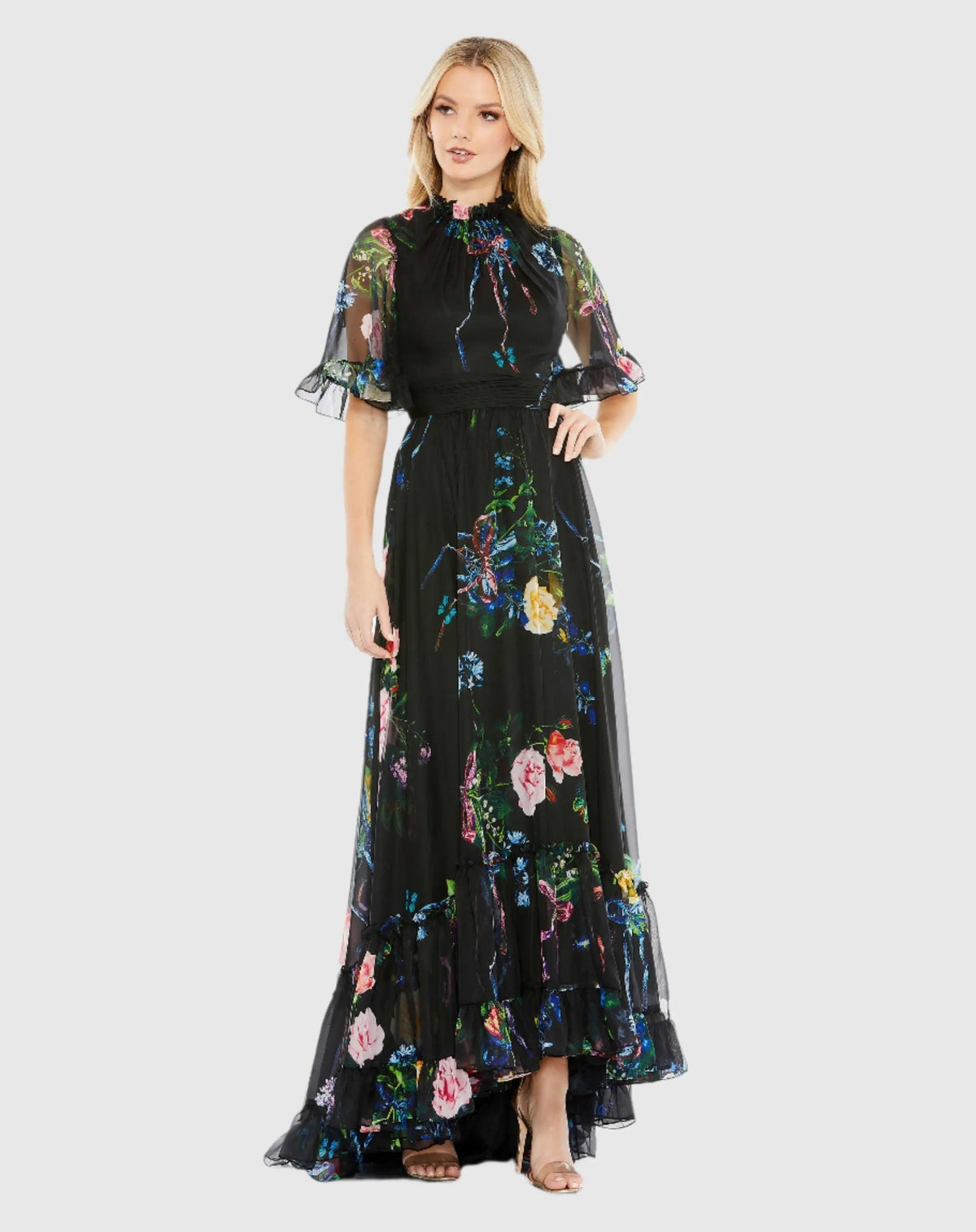 Black Floral Print Ruffled High Neck Flutter Sleeve Gown