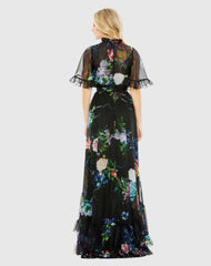 Black Floral Print Ruffled High Neck Flutter Sleeve Gown