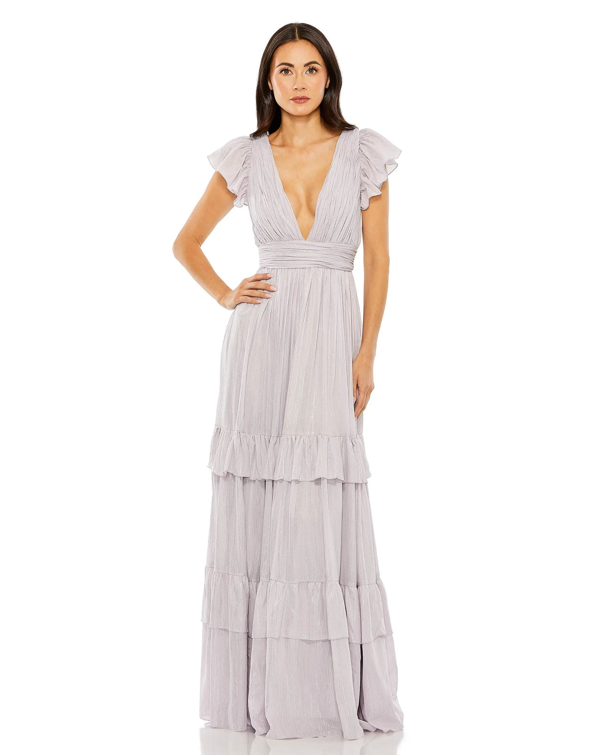 Flutter Sleeve Deep V Tiered Ruffle Gown | Sample | Sz. 2