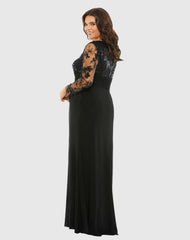 Black Front Twist Embellished Illusion Long Sleeve Gown (Plus)