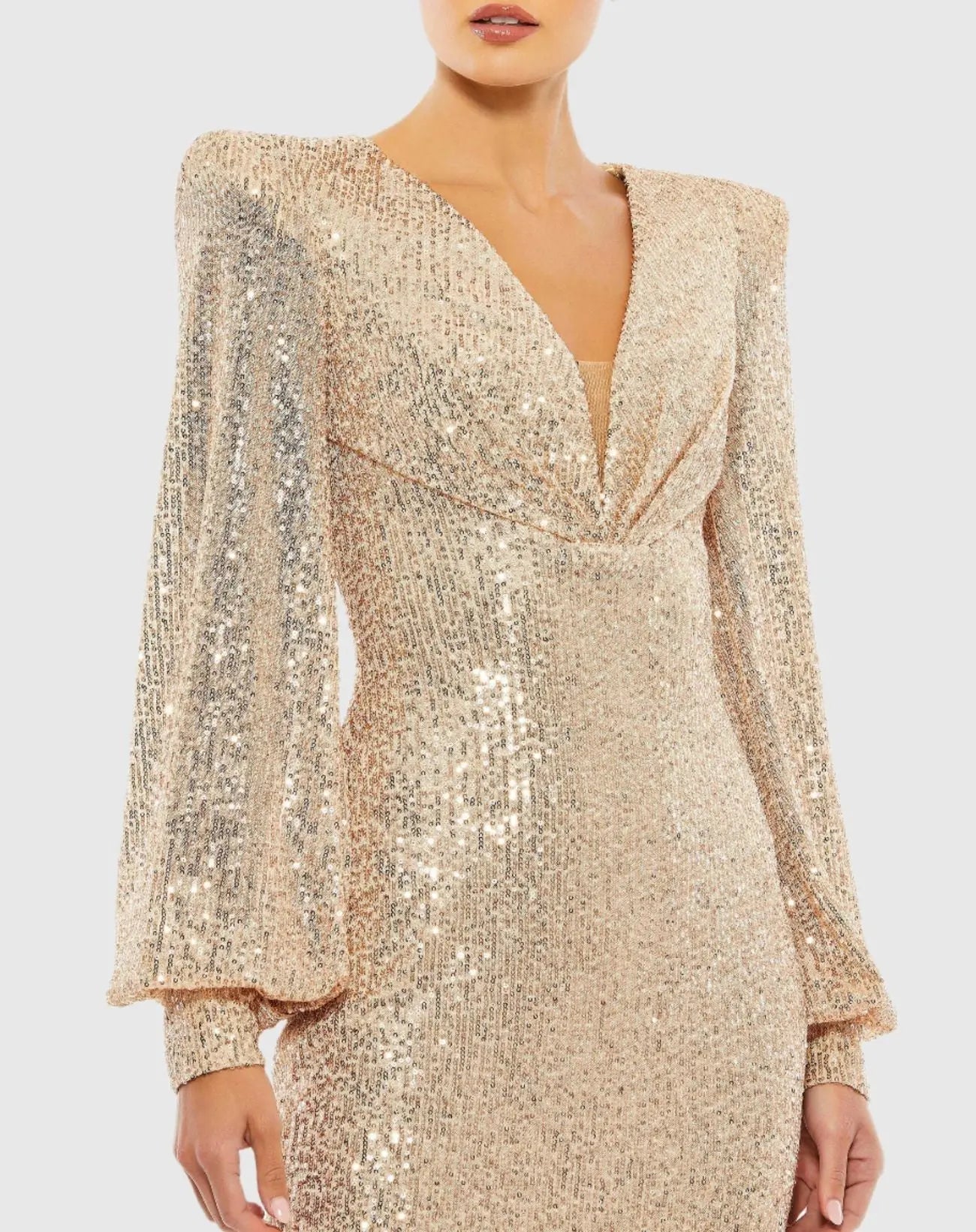 Gold Sequined Structured Bishop Sleeve Mini Dress