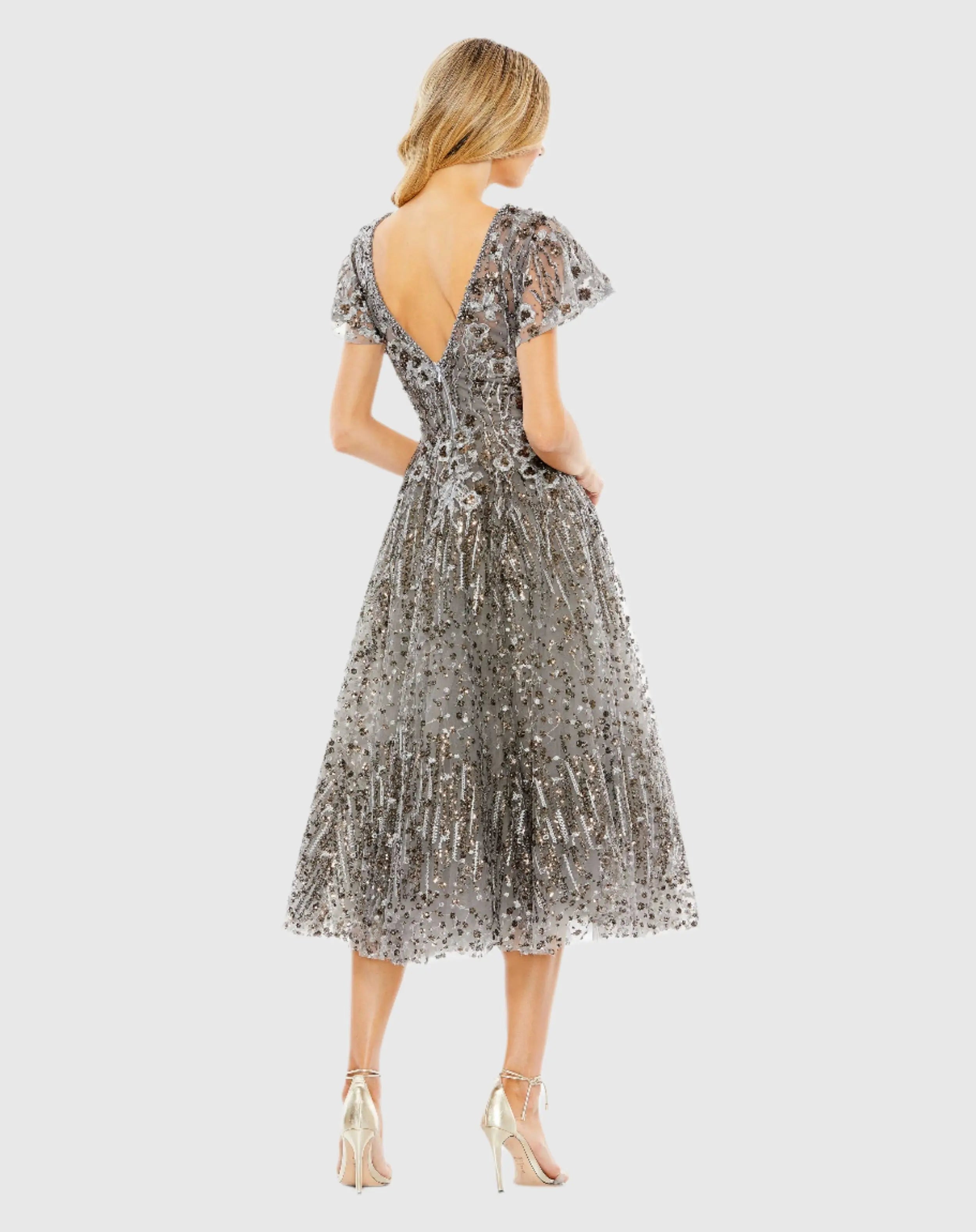 Gray Embellished Butterfly Fit and Flare Tea-Length Dress