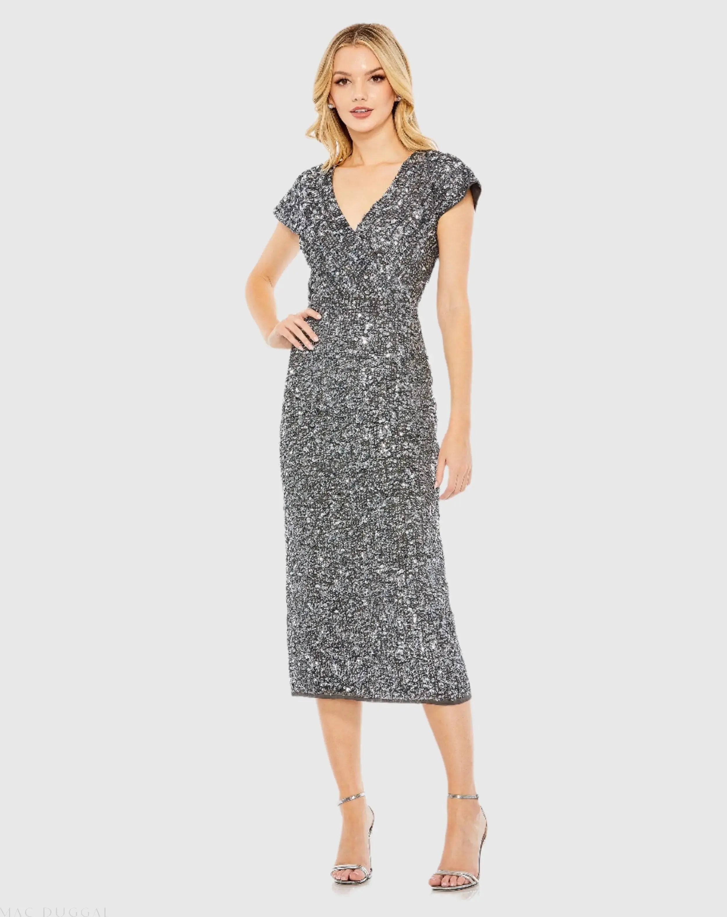 Sequined Cap Sleeve Wrap Over Cocktail Dress