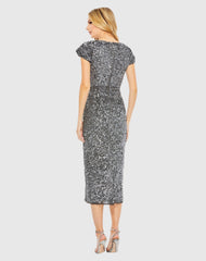Gray Sequined Cap Sleeve Wrap Over Cocktail Dress