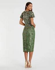 Green Embellished Faux Wrap Flutter Sleeve Dress