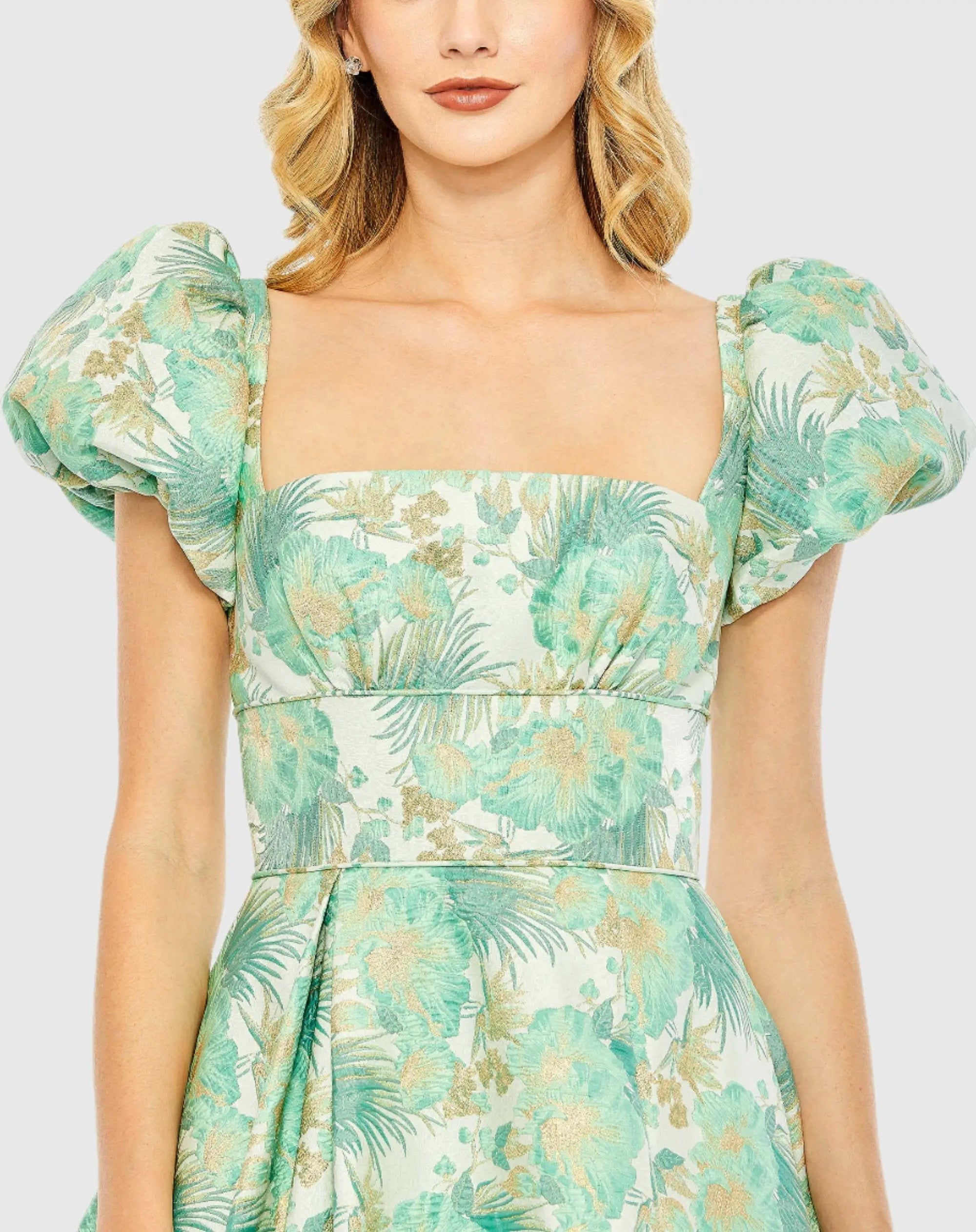Green Floral Print Puff Sleeve High Low Brocade Gown