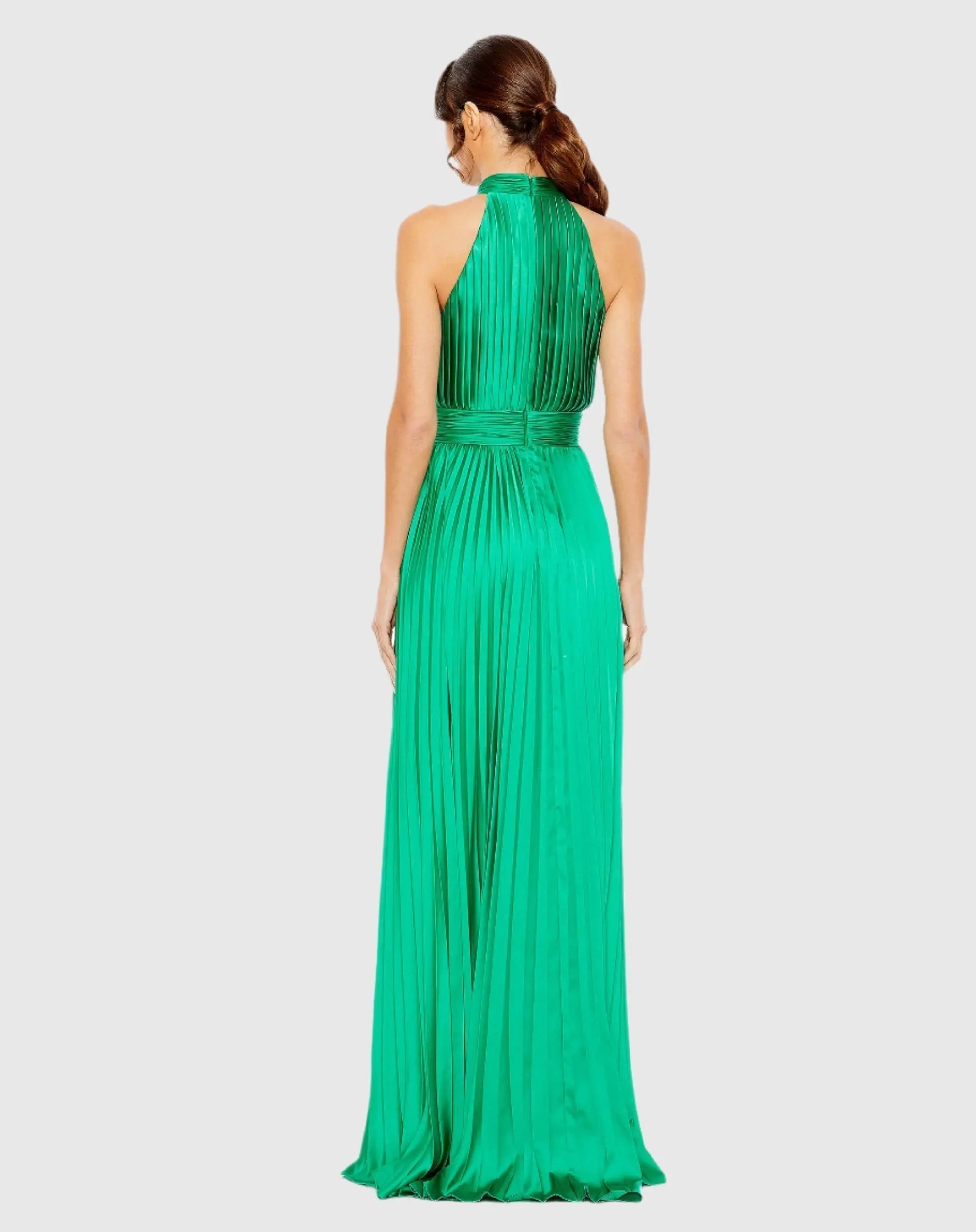 Green Pleated High Neck Satin Sleeveless Halter Gown