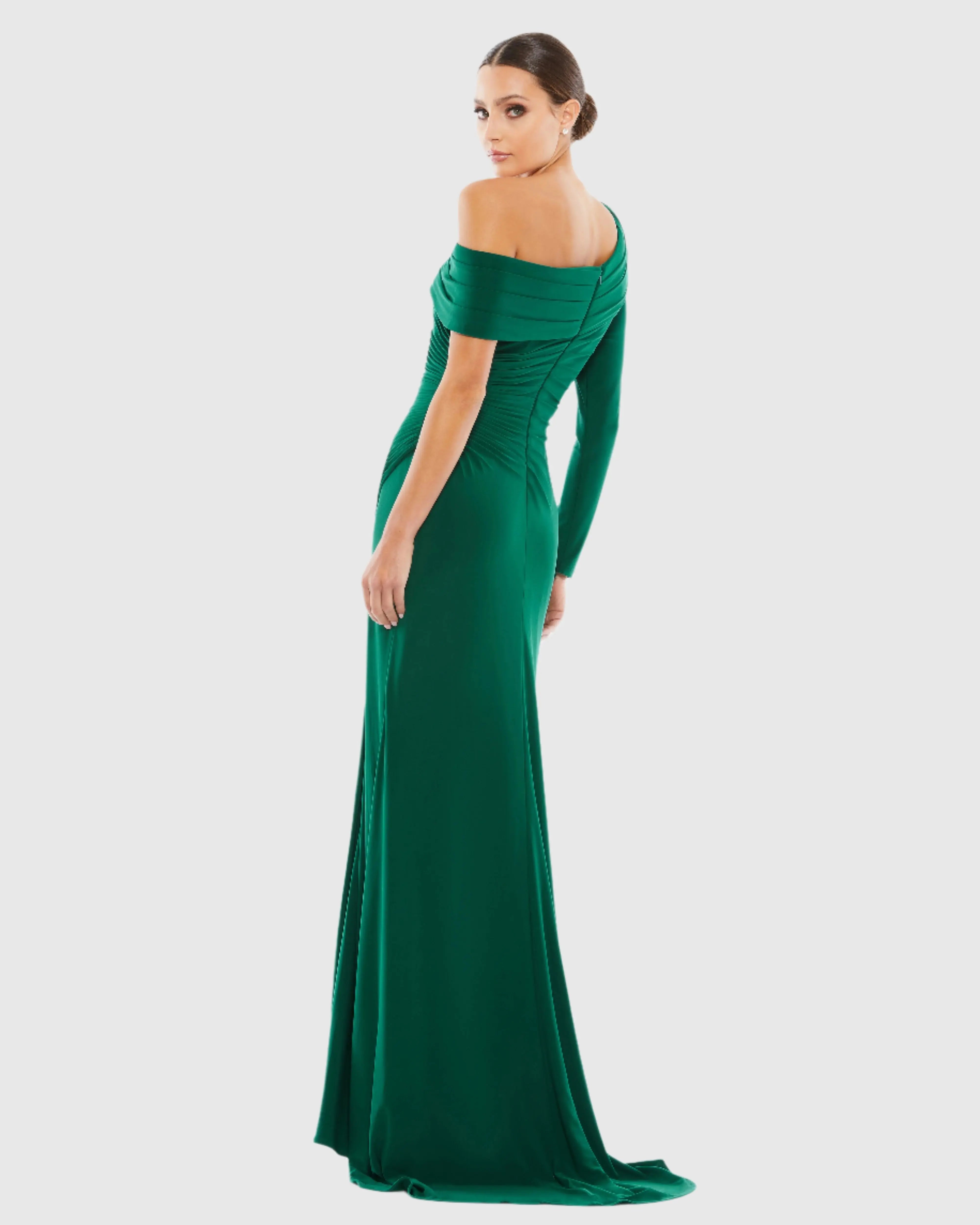 Green Ruched Jersey Drop Shoulder Foldover Gown