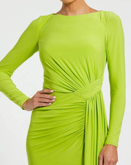 Green Ruched Long Sleeve Ruffle Hem Dress
