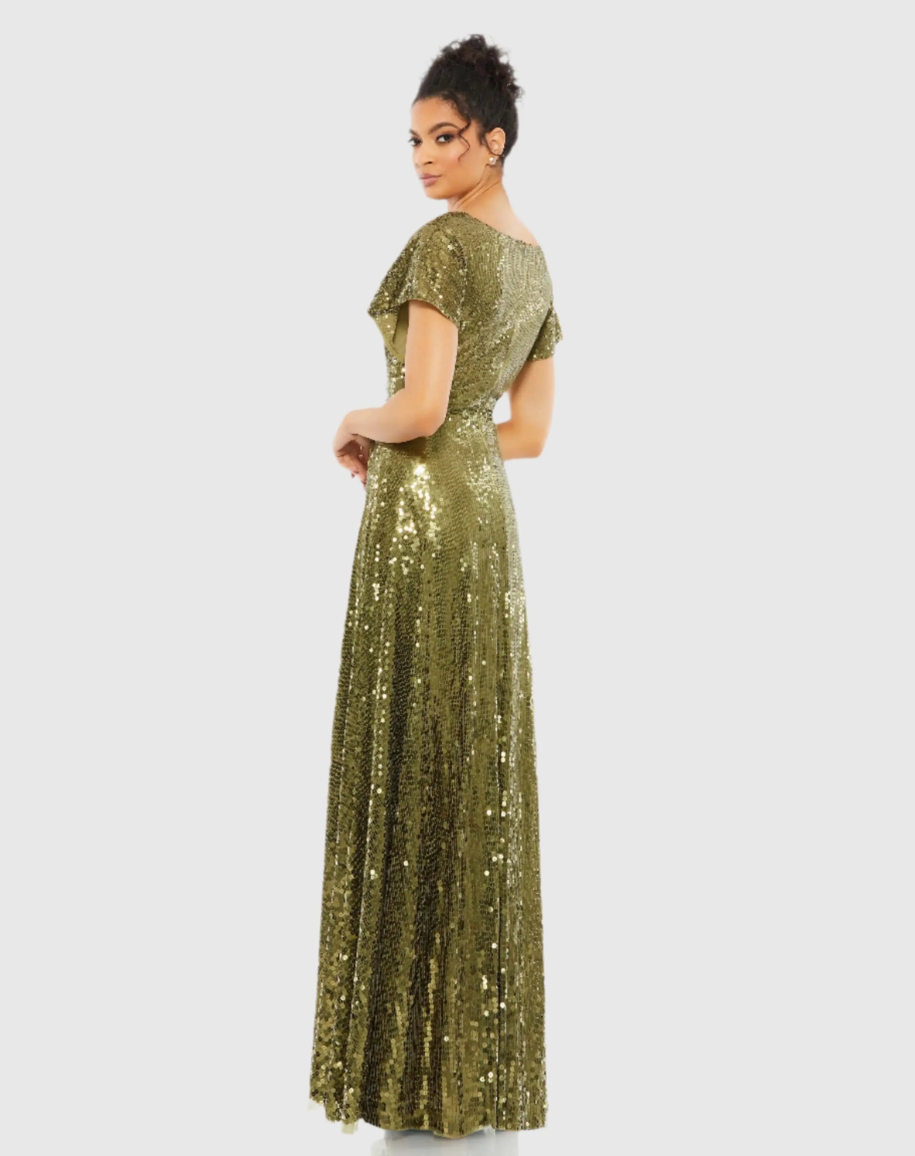 Green Sequined Butterfly Sleeve Wrap Over A Line Gown