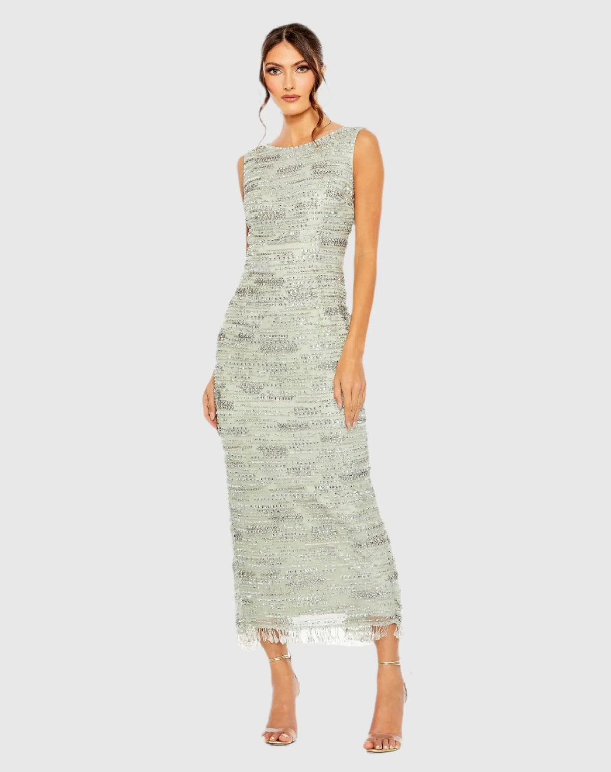 Green Sleeveless Crystal Fringe Column Dress