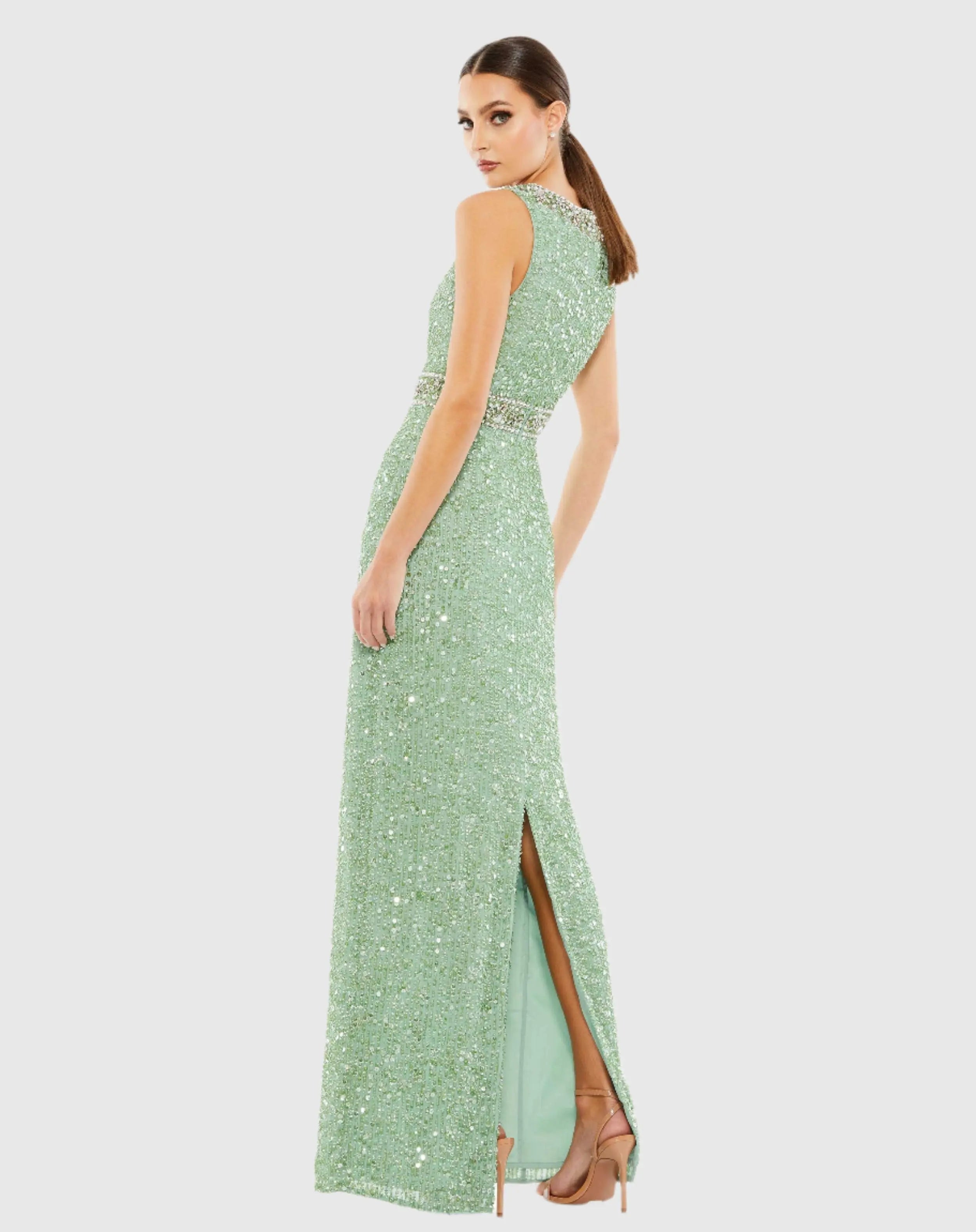 Green Sleeveless Sequin Column Gown