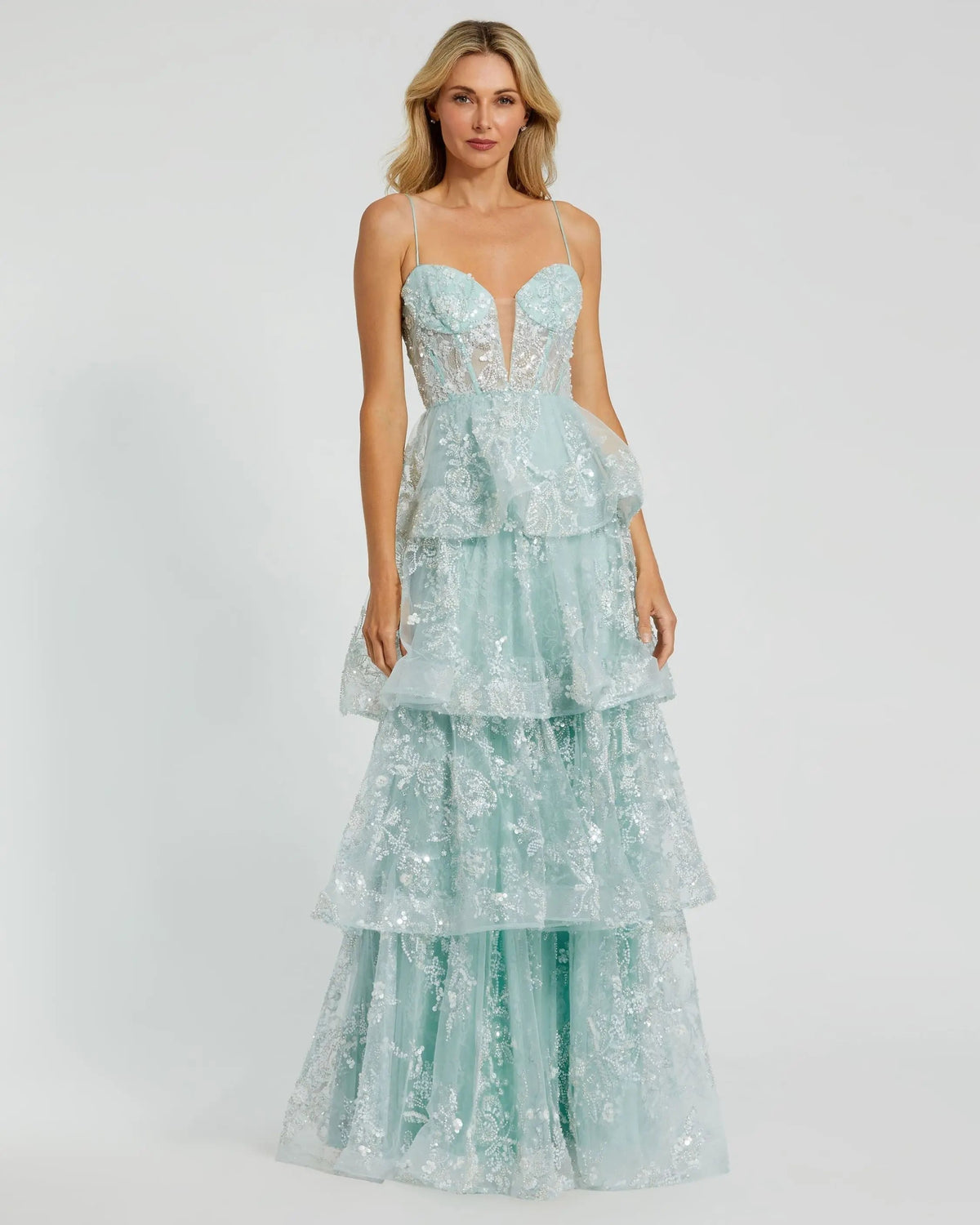 Green Spaghetti Strap Applique Tiered Ruffle Gown