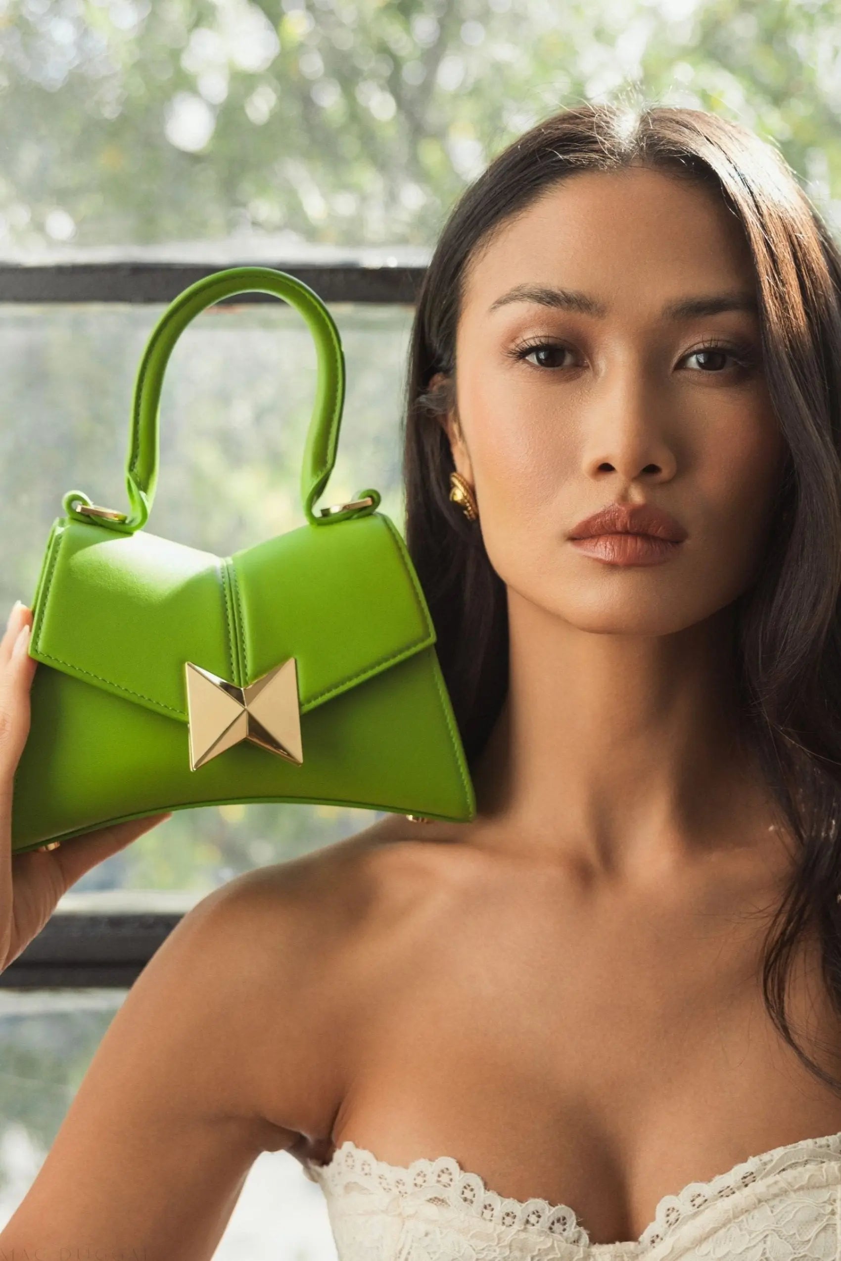 Green Angular Mini Leather Handbag With Gold Hardware