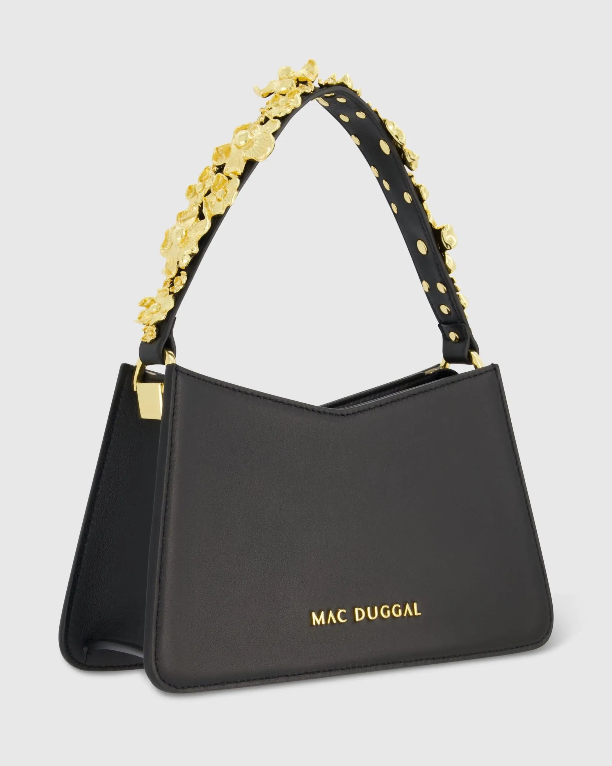 Gold Floral Small Black Nappa Leather Shoulder Bag