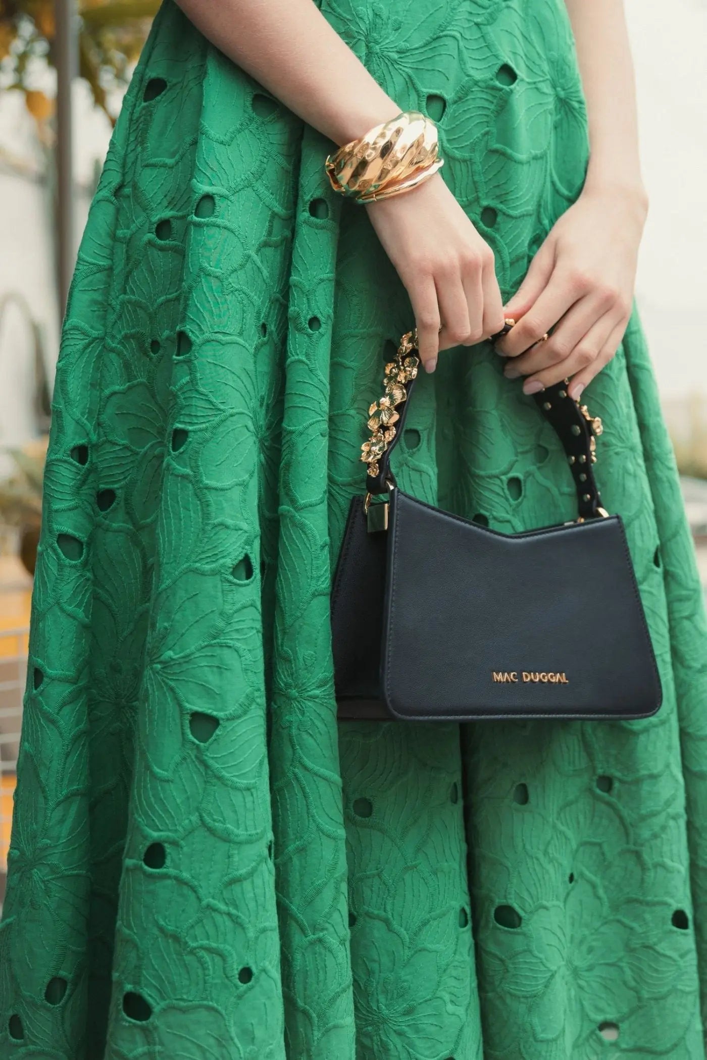 Gold Floral Small Black Nappa Leather Shoulder Bag